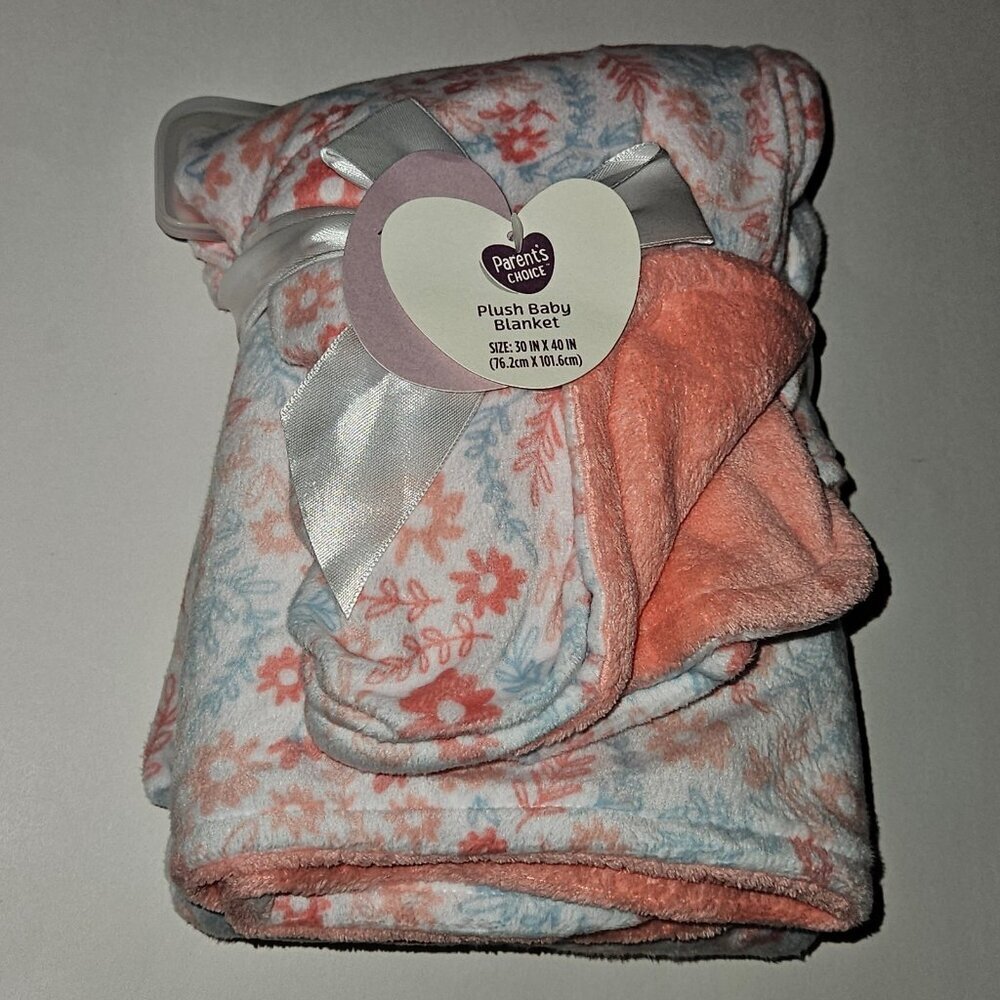 NEW Parent's Choice Floral Fleece Baby Blanket Coral Pink White Blue 30x40